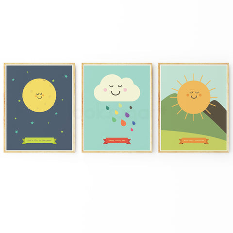 NATURE ART PRINT COLLECTION - MOON CLOUD SUN - SET OF 3